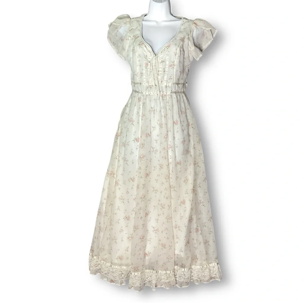 Gunne Sax Jessica Vintage Dress M Floral Chiffon Maxi Flutter Sleeve Cottagecore - Picture 15 of 15